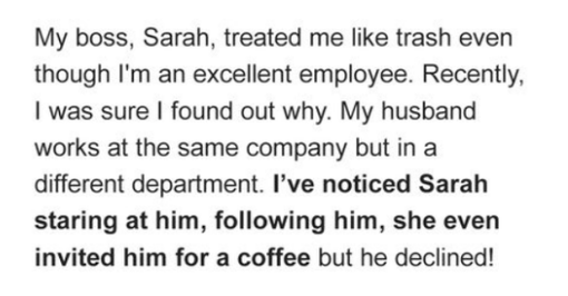 I thought my boss wanted to seduce my husband, but my suspicions dimmed when I realized what she truly desired