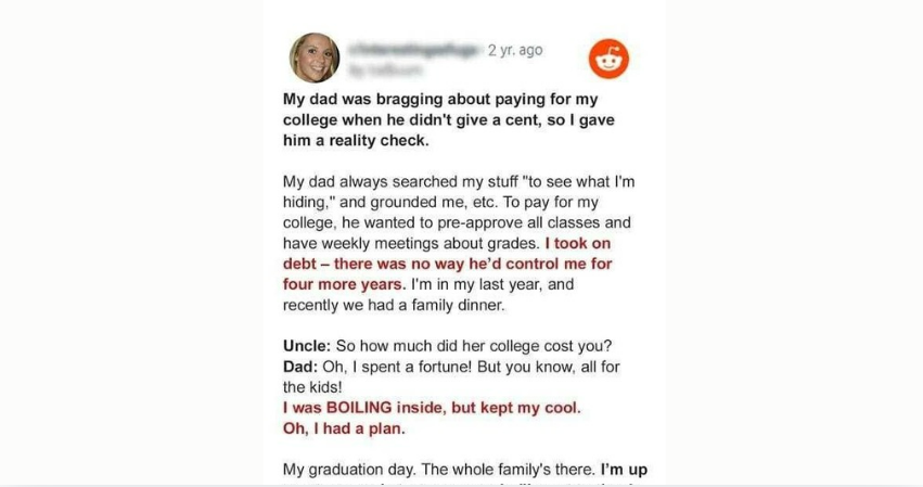 My Father Was Bragging about Paying for My College When He Did Not Give a Cent, So I Gave Him a Reality Check